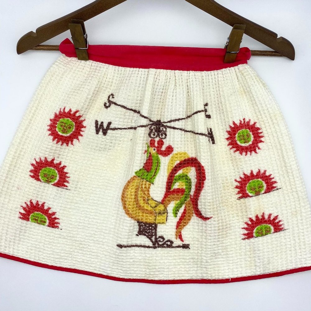 Vintage 1960s Handmade Half Apron with Rooster - Midcentury Red and White Apron